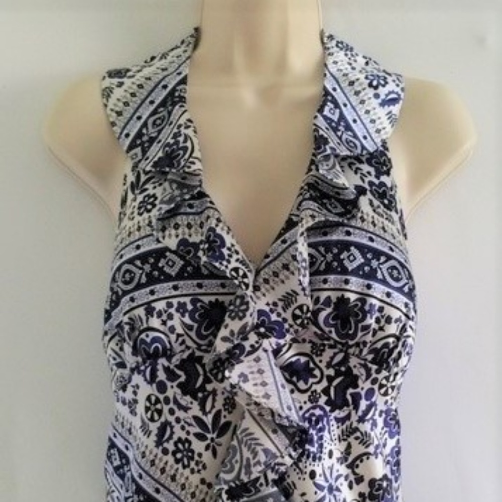 Spense Print Blue and White Halter Top Tunic Small